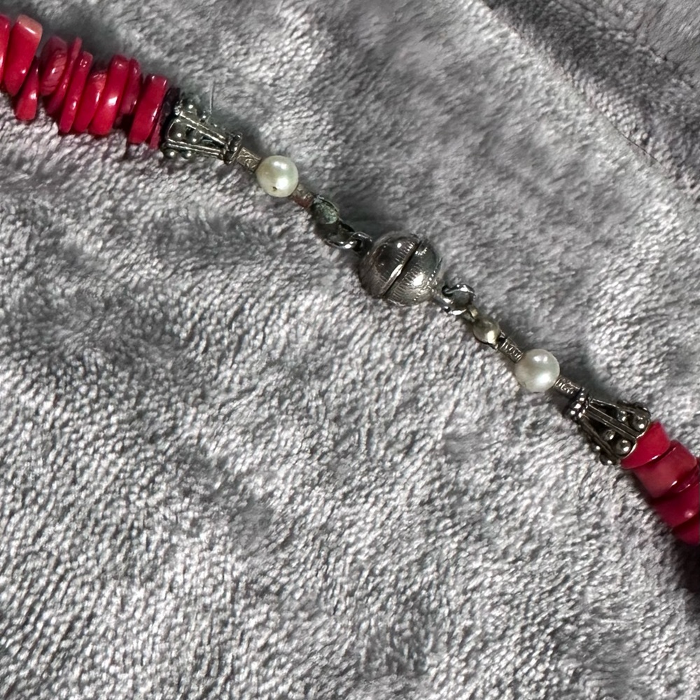 Chucky Statement Necklace 26” Long Red Coral Shells Pearls Magnetic Clasp - Picture 12 of 15